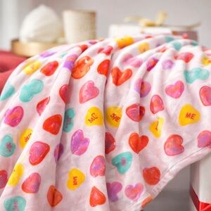 NWT Conversation Heart Valentine Plush Throw Blanket Pink Candy Hearts